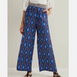 Anthropologie Blue Ikat Print Wide Leg Pants Elastic Waist | Size XS